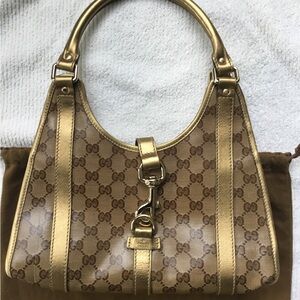Gucci Gold and Brown GG Monogram Shoulder Bag shiny glaze 100% authentic